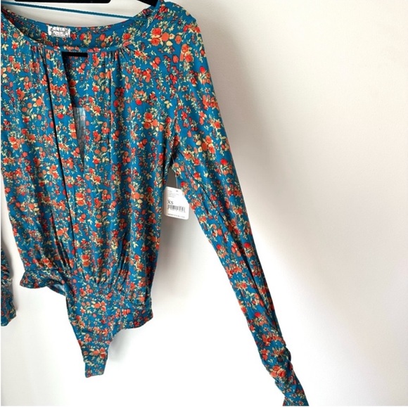 Free People Kaya Floral Printed Plunge Neckline Long Sleeve Bodysuit Turquoise - Picture 7 of 13